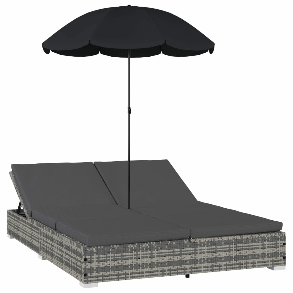 Outdoor Lounge Bed with Umbrella Poly Rattan Gray