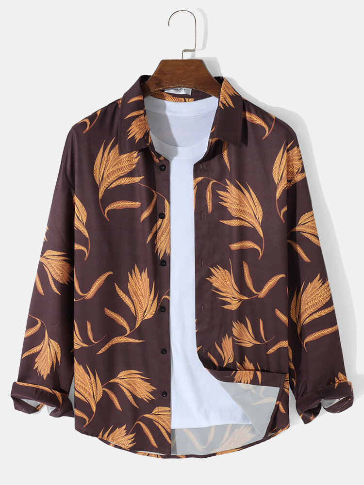 Mens Cluster Leaves Print Buttons Up Long Sleeve Shirts