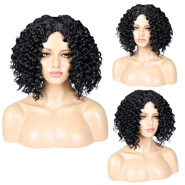PandaHall Short Curly Bob Wigs, Synthetic Wigs, Heat Resistant High Temperature Fiber, for Black Women, Black, 11.02inch(28cm) High...