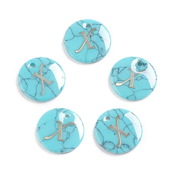 PandaHall Synthetic Turquoise Charms, with Plastic Letter, Flat Round, Letter.X, 15x2mm, Hole: 1.5mm Synthetic Turquoise Flat Round