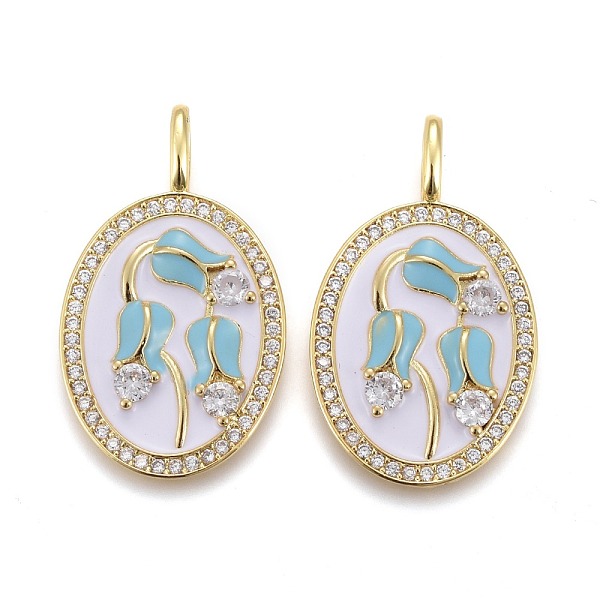PandaHall Brass Micro Pave Clear Cubic Zirconia Pendants, with Enamel, Long-Lasting Plated, Flat Oval with Flower, Golden, Sky Blue...