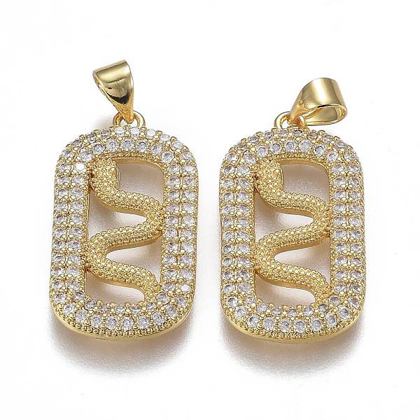 PandaHall Brass Micro Pave Clear Cubic Zirconia Pendants, with Snap on Bails, Long-Lasting Plated, Oval with Snake, Real 18K Gold Plated...