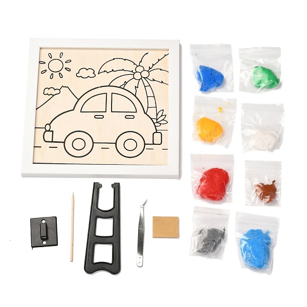 PandaHall DIY Car Pattern Pulp Painting Art Sets, Framed Wood Painting Board Pulp Mud Material, Including Wooden Board, Plastic Holder, Tags...