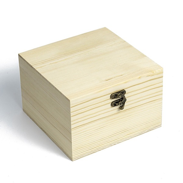 PandaHall Unfinished Wooden Storage box, Natural Pinewood Gift Box, with Retro Iron Clasp, Square, Light Yellow, 17x17x11.2cm Wood Square