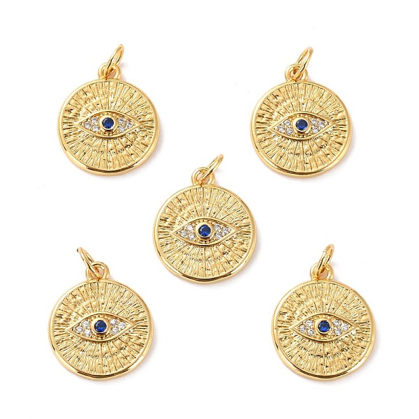 PandaHall Brass Micro Pave Cubic Zirconia Pendants, Long-Lasting Plated, Cadmium Free & Lead Free, Flat Round with Eye, Real 18K Gold Plated...