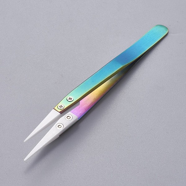 PandaHall Stainless Steel Beading Tweezers, with Porcelain, White, 12.9~13x0.95~1cm Stainless Steel White