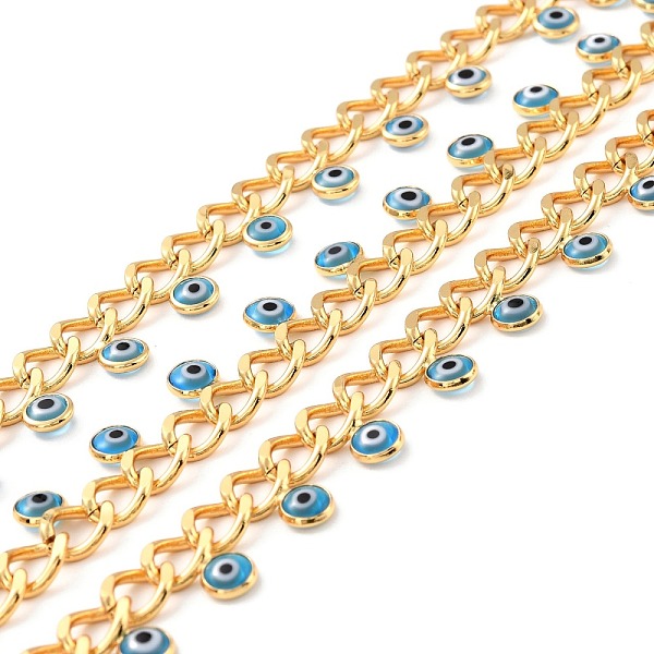 PandaHall Handmade Brass Faceted Curb Chains, With Enamel Charm, Real 18K Gold Plated, Unwelded, Flat Round with Evil Eye, with Spool, Cadet...