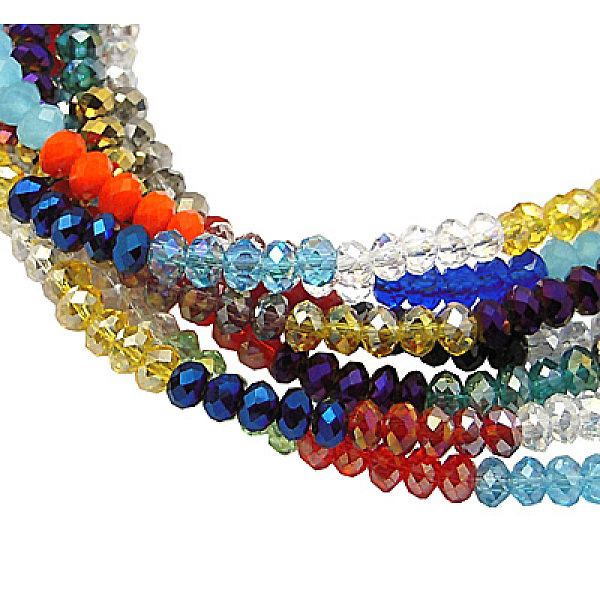 PandaHall Electroplate Glass Beads Strands, AB Color Plated, Rondelle, Faceted, Mixed Color, Size: about 4mm in diameter, 3mm thick, hole...