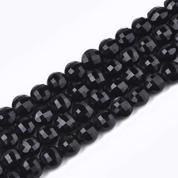 PandaHall Natural Black Agate Beads Strands, Dyed, Faceted, Flat Round, Black6~6.5x4~5mm, Hole: 1mm, about 61~67pcs/strand, 14.9 inch~15.1...