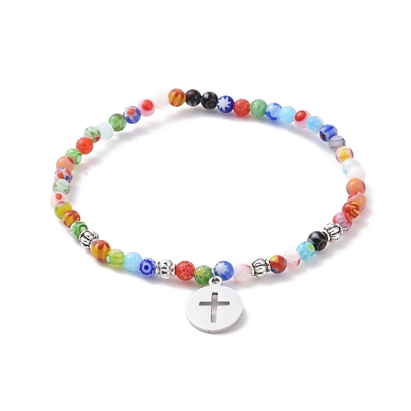 PandaHall 201 Stainless Steel Charm Stretch Bracelets for Halloween, with Alloy Beads and Millefiori Glass Beads, Flat Round with Witch...