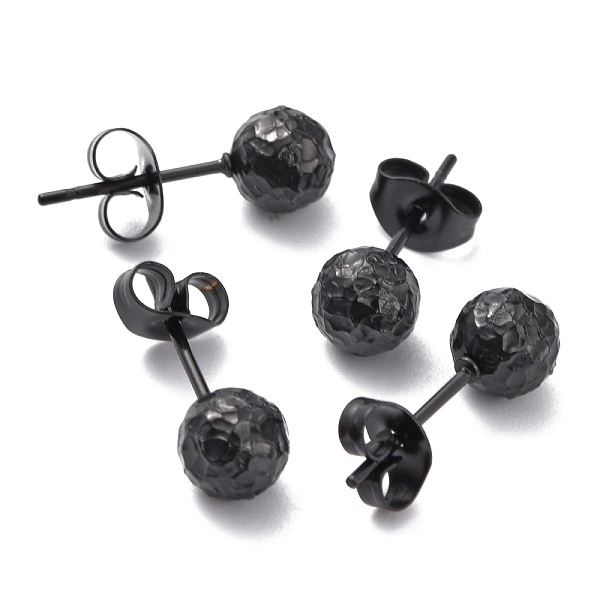 PandaHall Textured Round Bead 304 Stainless Steel Stud Earring Findings, with Ear Nuts/Earring Backs and Hole, Electrophoresis Black, 17x6mm...
