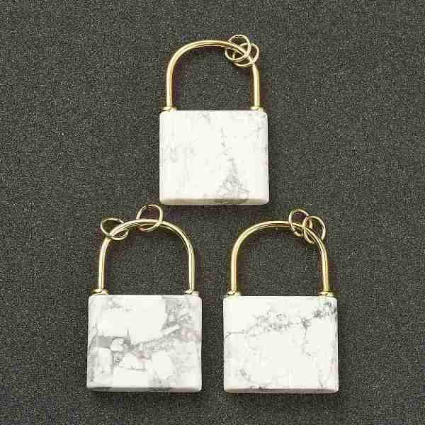 PandaHall Natural Howlite Pendants, with Golden Plated Brass Findings, Lock, 46.5~47x30x7mm, Hole: 6mm Howlite Lock