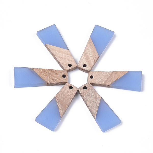 PandaHall Resin & Wood Pendants, Trapezoid, Cornflower Blue, 30x12x3mm, Hole: 2mm Resin+Wood Trapezoid Blue