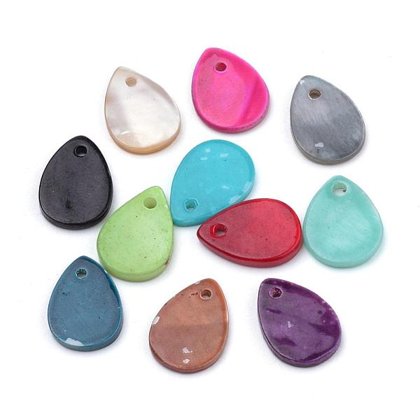 PandaHall Spray Paint Freshwater Shell Charms, teardrop, Mixed Color, 13x9x2mm, Hole: 1~1.5mm Freshwater Shell Teardrop Multicolor
