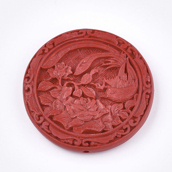 PandaHall Cinnabar Beads, Carved Lacquerware, Flat Round with Flower and Bird, Red, 51.5x10mm, Hole: 2mm Cinnabar Flat Round Red
