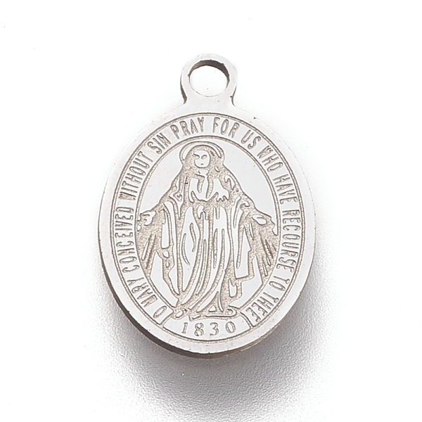 PandaHall 304 Stainless Steel Charms, Laser Cut, Oval, Miraculous Medal, Stainless Steel Color, 13.5x8.5x0.5mm, Hole: 1.2mm 304 Stainless...