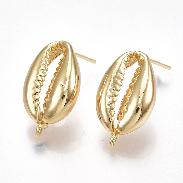 PandaHall Brass Stud Earring Findings, with Loop, Cowrie Shells Shape, Nickel Free, Real 18K Gold Plated, 20x12mm, Hole: 1mm, Pin: 0.7mm...