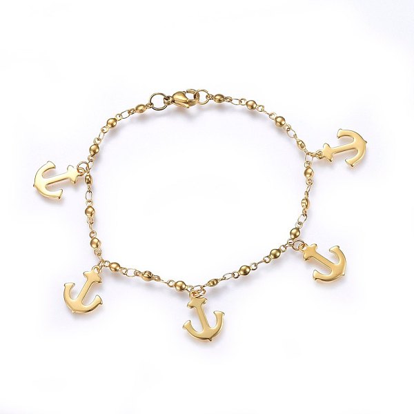PandaHall 304 Stainless Steel Charm Bracelets, with Lobster Claw Clasps, Anchor, Golden, 8-1/4inch(21cm), 3mm 304 Stainless Steel