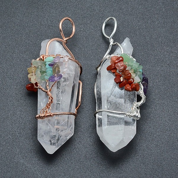 PandaHall Natural Quartz Crystal Big Pendants, with Mixed Gemstone Chips and Brass Findings, Nuggets, Mixed Color, 60~110x20~27mm, Hole...