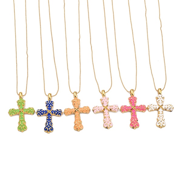 PandaHall Alloy Enamel Cross Pendant Necklaces, with Brass Ball Chains, Real 18K Gold Plated, Mixed Color, 17.71 inch(45cm) Alloy Multicolor