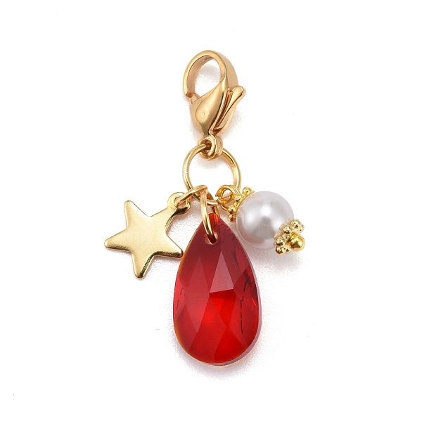 PandaHall Faceted Teardrop Glass Pendants, with Glass Pearl Round Beads, Star 304 Stainless Steel Charms & Lobster Claw Clasps, Red, 34mm...