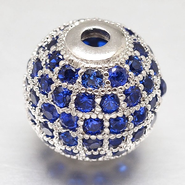 PandaHall CZ Brass Micro Pave Cubic Zirconia Round Beads, Platinum, 8mm, Hole: 2mm Brass+Cubic Zirconia Round Blue