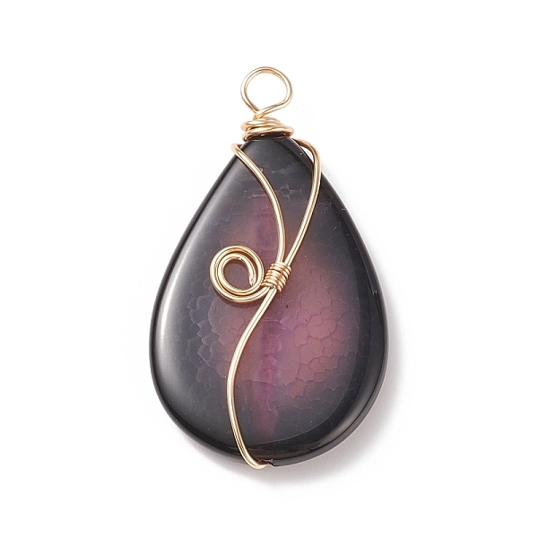 PandaHall Natural Crackle Agate Pendants, Golden Tone Copper Wire Wrapped Teardrop Charms, Dark Orchid, 48x27x6.5mm, Hole: 4.5mm Crackle...