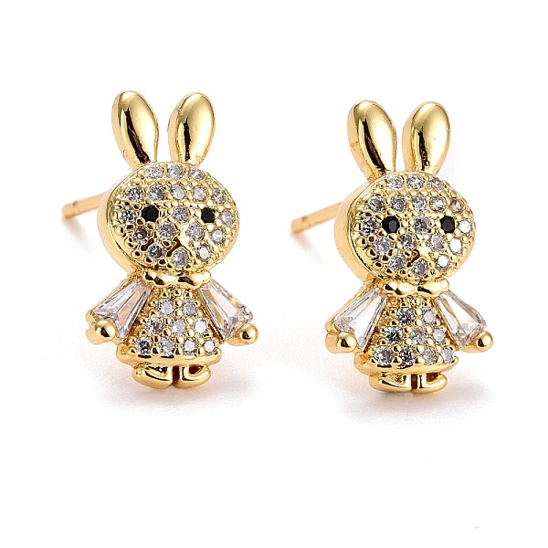 PandaHall Rabbit Cubic Zirconia Stud Earrings, Real 18K Gold Plated Brass Earrings for Women, Lead Free & Cadmium Free, Clear, 15x8.5mm, Pin...