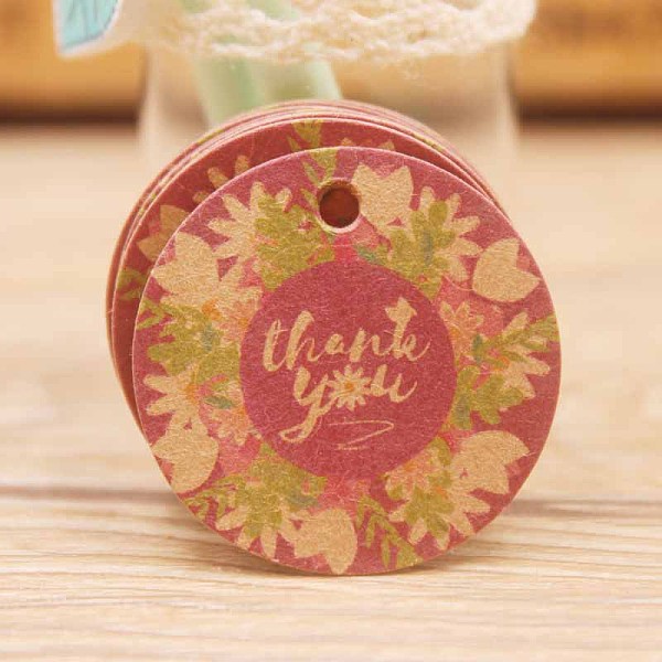 PandaHall Paper Gift Tags, Hange Tags, For Arts and Crafts, Thanksgiving, Round with Flower and Word Thank You, Old Rose, 30x0.4mm, Hole...