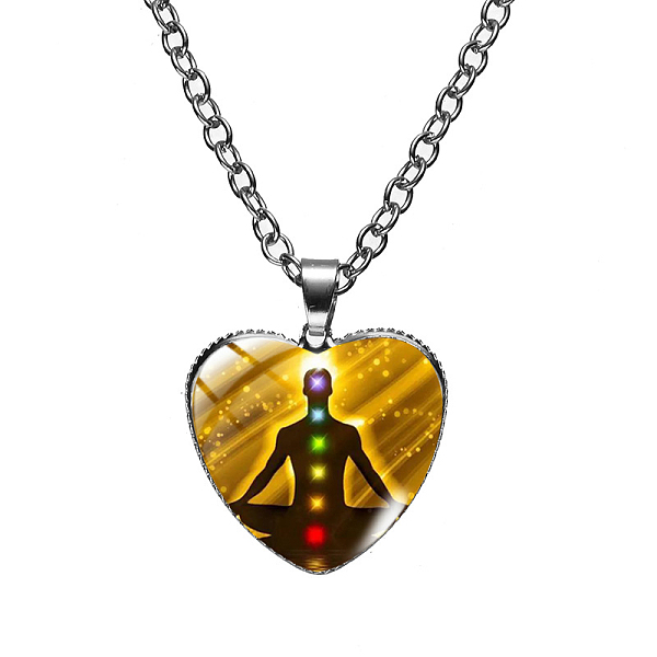 PandaHall Chakra Theme Yoga Heart Glass Pendant Necklace, Alloy Jewelry for Women, Dark Goldenrod, 19.69 inch(50cm) Glass