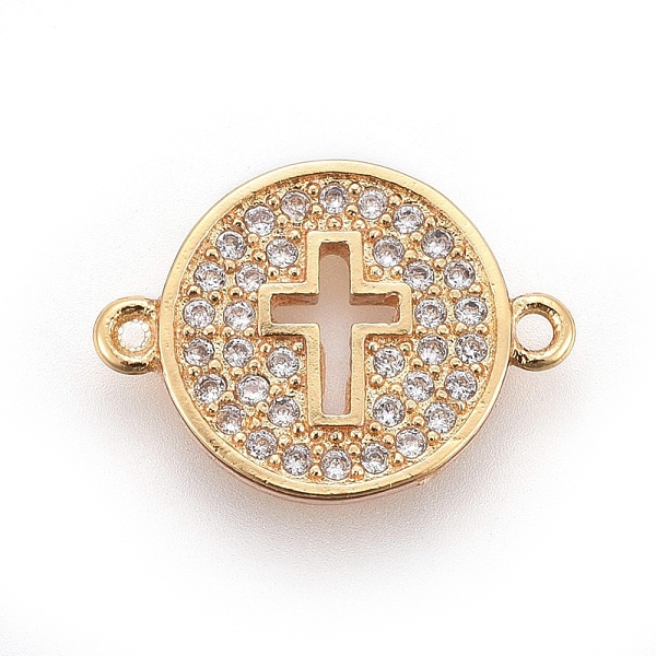 PandaHall Brass Micro Pave Cubic Zirconia Links, Flat Round with Cross, Clear, Golden, 12~12.5x17x2mm, Hole: 1mm Brass+Cubic Zirconia Cross...