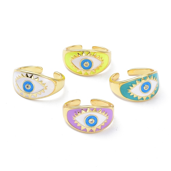 PandaHall Brass Inlaid Clear Cubic Zirconia Cuff Rings, with Enamel, Real 18K Gold Plated, Long-Lasting Plated, Evil Eye, Mixed Color, US...