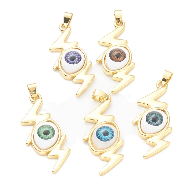 PandaHall Brass Pendants, Real 18K Gold Plated, Long-Lasting Plated, with Resin Cabochons, Eye with Lightning, Mixed Color, 42.5x18x8mm...