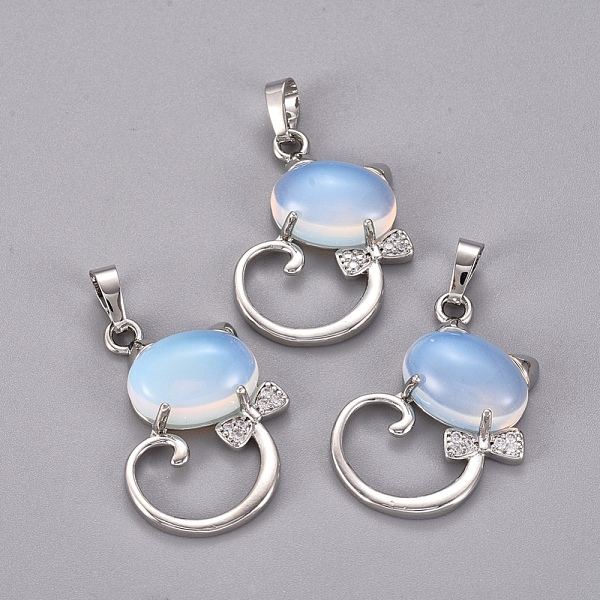 PandaHall Opalite Kitten Pendants, with Platinum Tone Brass Findings and Crystal Rhinestone, Cat with Bowknot Shape, 32x25.5x7.5mm, Hole...