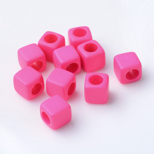 PandaHall Solid Color Acrylic European Beads, Cube Large Hole Beads, Deep Pink, 7x7x7mm, Hole: 4mm, about 1900pcs/500g Acrylic Cube Pink