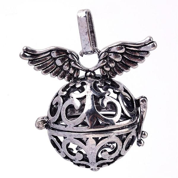 PandaHall Rack Plating Brass Cage Pendants, For Chime Ball Pendant Necklaces Making, Hollow Round with Wing, Antique Silver, 30x31x21mm...