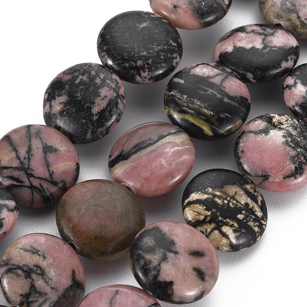 PandaHall Natural Rhodonite Beads Strands, Flat Round, 14~15x6mm, Hole: 1mm, about 29pcs/strand, 15.94 inch(40.5cm) Rhodonite Flat Round