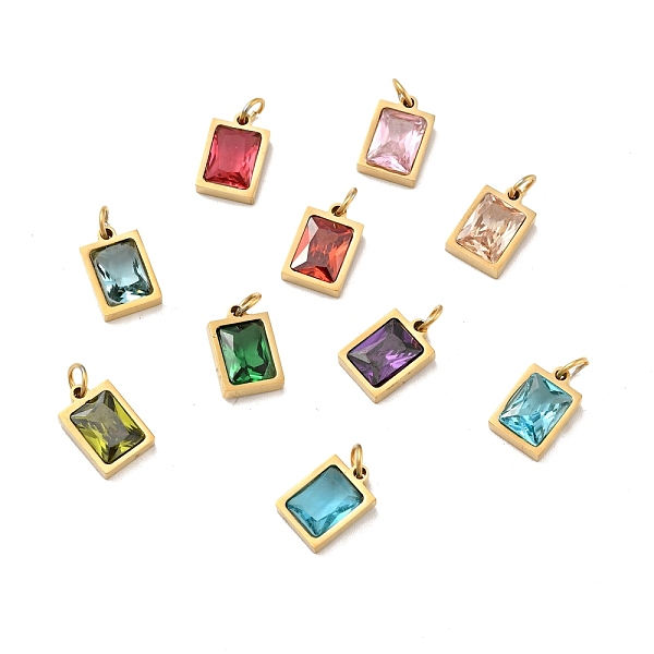 PandaHall Vacuum Plating 304 Stainless Steel Pendants, with Cubic Zirconia and Jump Rings, Single Stone Charms, Rectangle, Golden, Mixed...