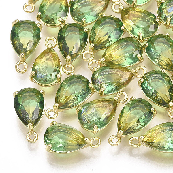 PandaHall Glass Pendants, with Brass Findings, Faceted, teardrop, Golden, Colorful, 13x7x5mm, Hole: 1.2mm Brass+Glass Teardrop