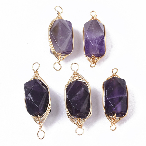 PandaHall Natural Amethyst Links connectors, Brass Wire Wrapped Links, Faceted, Column, Golden, 22.5~32x9~12x8~9mm, Hole: 1.2mm Amethyst...