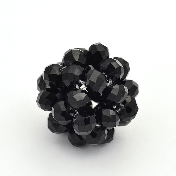 PandaHall Glass Crystal Round Woven Beads, Cluster Beads, Black, 22mm, Beads: 6mm Glass Round Black