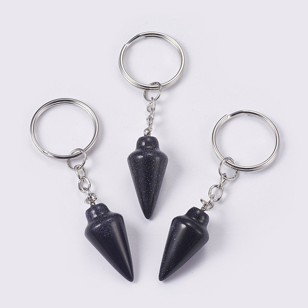 PandaHall Synthetic Blue Goldstone Keychain, with Iron Key Rings, Platinum, 78mm, Pendant: 32x14mm Blue Goldstone Cone
