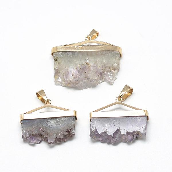 PandaHall Natural Druzy Amethyst Pendants, with Brass Findings, Mixed Shapes, Golden, 25~40x35~45x8~12mm, Hole: 4x6mm Amethyst Mixed Shapes