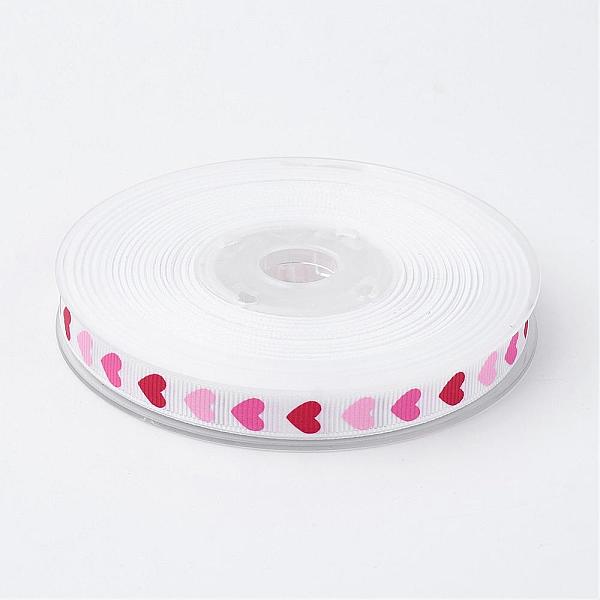 PandaHall Polyester Grosgrain Ribbon, with Heart Printed, White, 3/8 inch(9mm), about 100yards/roll(91.44m/roll) Polyester White