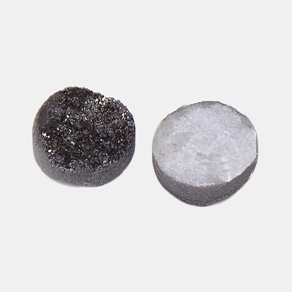 PandaHall Electroplate Natural Druzy Crystal Cabochons, Flat Round, Dyed, Black, 12x3~6mm Quartz Crystal Flat Round Black