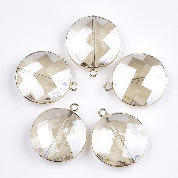 PandaHall Glass Pendants, with Iron Findings, Faceted, Flat Round, Golden, Gainsboro, 35~36x30.5x11.5mm, Hole: 2mm Iron+Glass Flat Round...