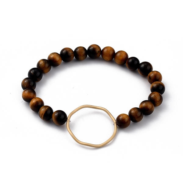 PandaHall Round Natural Tiger Eye Stretch Beaded Bracelets, Link Bracelets, with Matte Gold Color Plated Alloy Linking Ring, Inner Diameter...