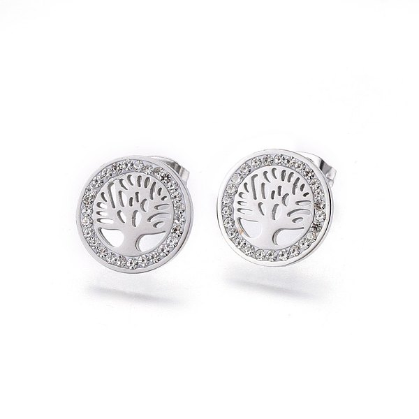 PandaHall 304 Stainless Steel Stud Earrings, with Polymer Clay Rhinestone, Flat Round with Tree of Life, Stainless Steel Color, 14x2mm, Pin...