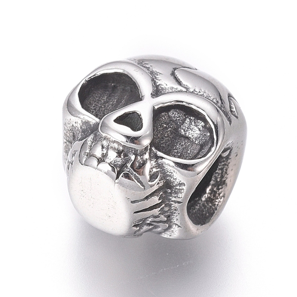 PandaHall 304 Stainless Steel Beads, Polished, Skull, Antique Silver, 12.5x11x10mm, Hole: 3.5mm 304 Stainless Steel Skull