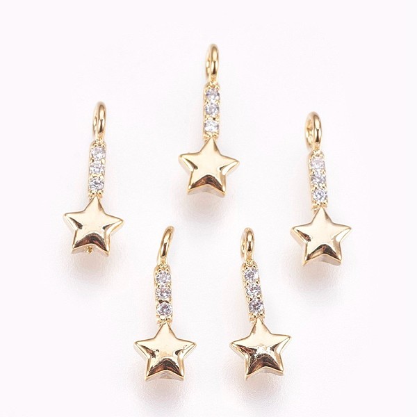 PandaHall Brass Micro Pave Cubic Zirconia Charms, Nickel Free, Star, Clear, Real 18K Gold Plated, 11.5x4.5x1.5mm, Hole: 1.8mm Brass+Cubic...